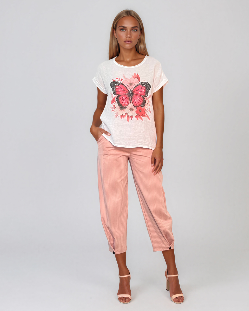 Tricou din in și bumbac cu print alb-ciclam HL080