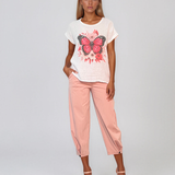 Tricou din in și bumbac cu print alb-ciclam HL080