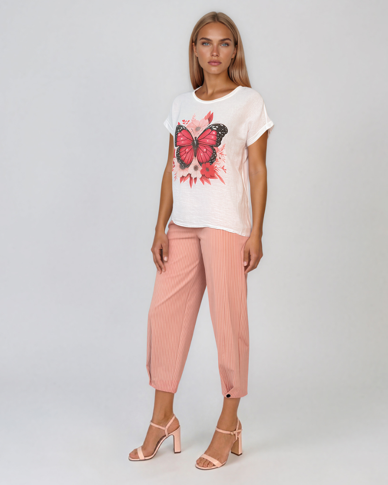 Tricou din in și bumbac cu print alb-ciclam HL080