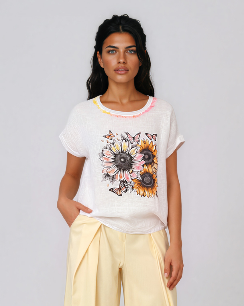 Tricou din in și bumbac cu print alb-portocaliu HL080