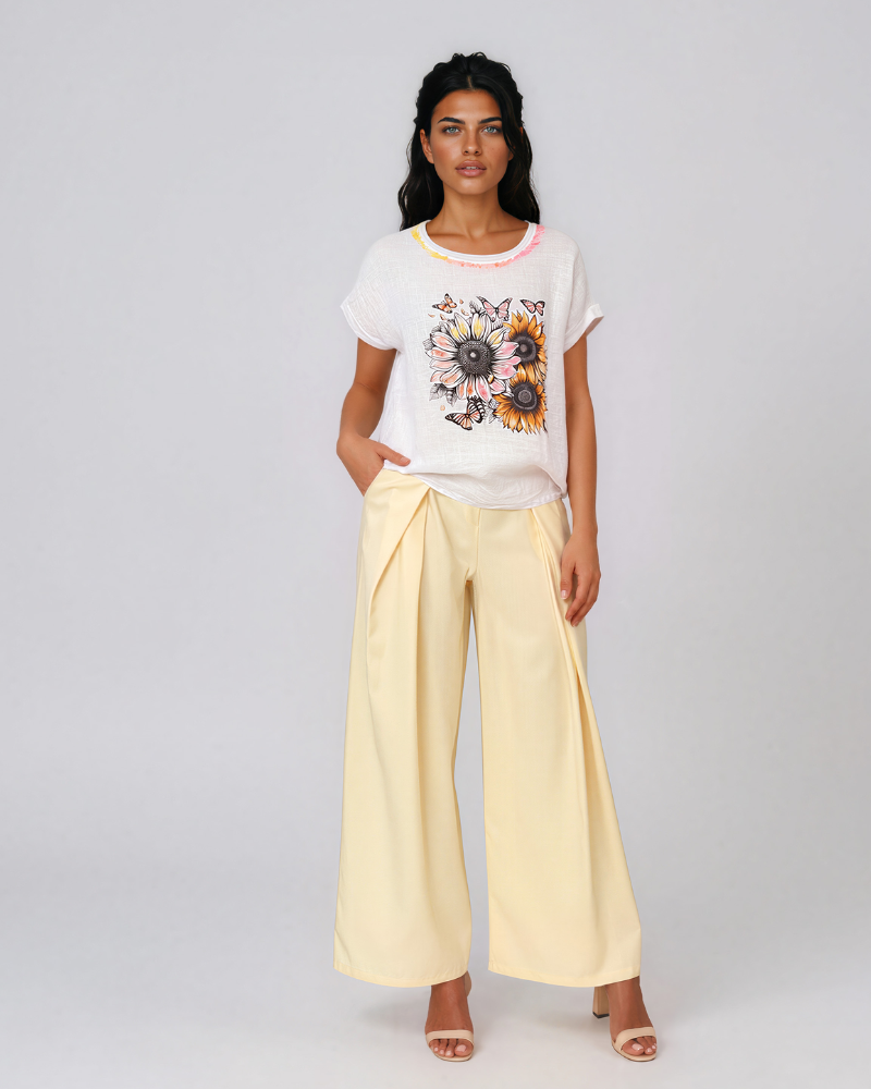 Tricou din in și bumbac cu print alb-portocaliu HL080