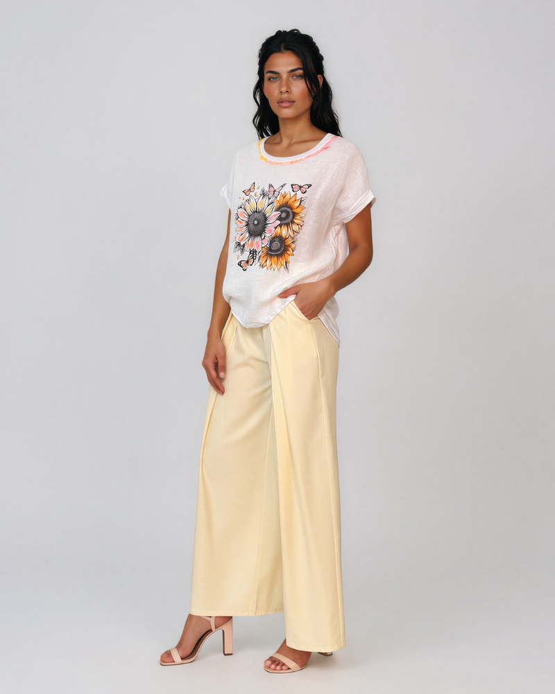 Tricou din in și bumbac cu print alb-portocaliu HL080