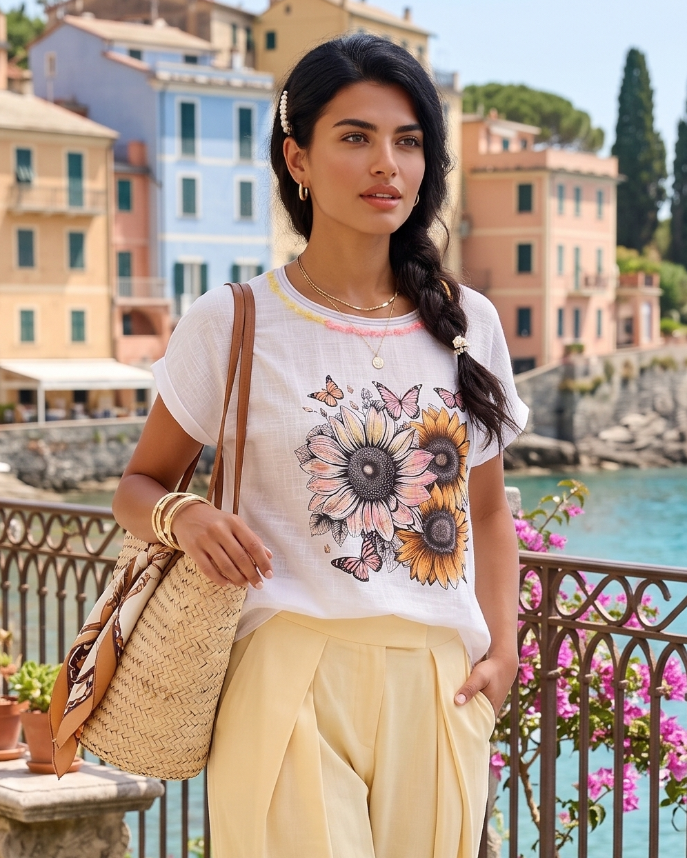 Tricou din in și bumbac cu print alb-portocaliu HL080
