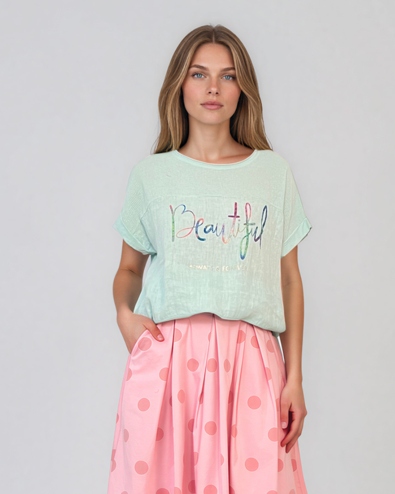 Tricou din in și bumbac cu print Beautiful aqua HL077