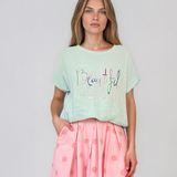 Tricou din in și bumbac cu print Beautiful aqua HL077