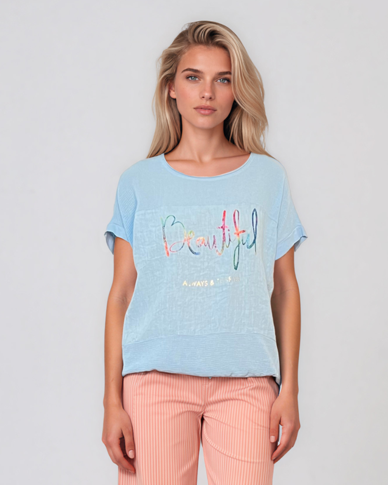 Tricou din in și bumbac cu print Beautiful bleu HL077