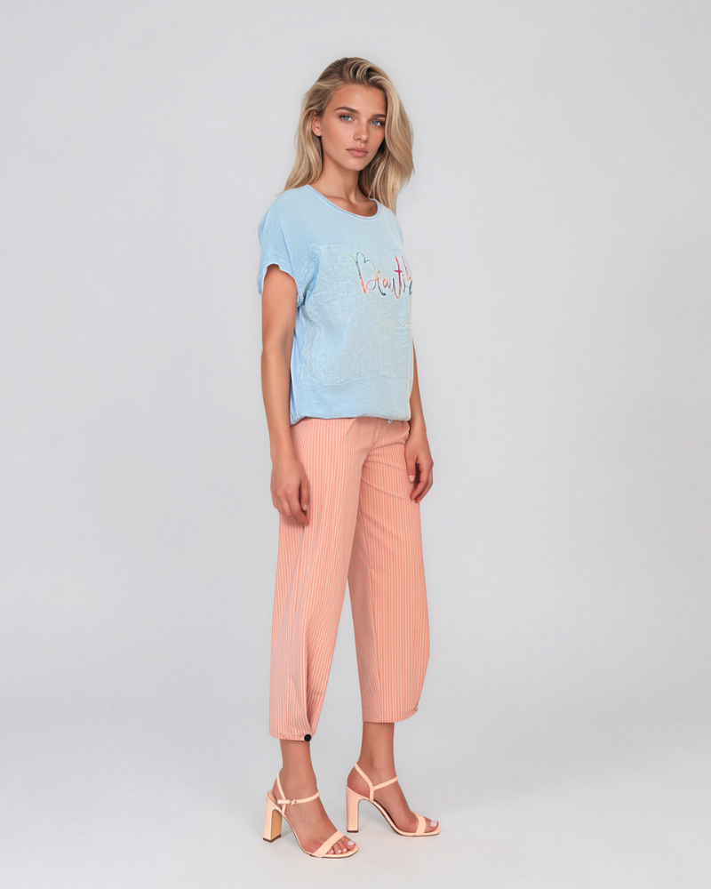 Tricou din in și bumbac cu print Beautiful bleu HL077