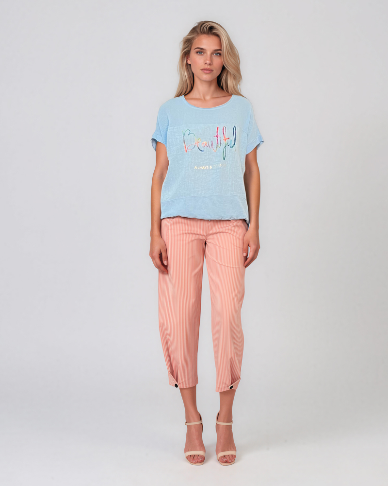Tricou din in și bumbac cu print Beautiful bleu HL077