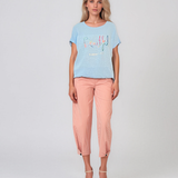 Tricou din in și bumbac cu print Beautiful bleu HL077