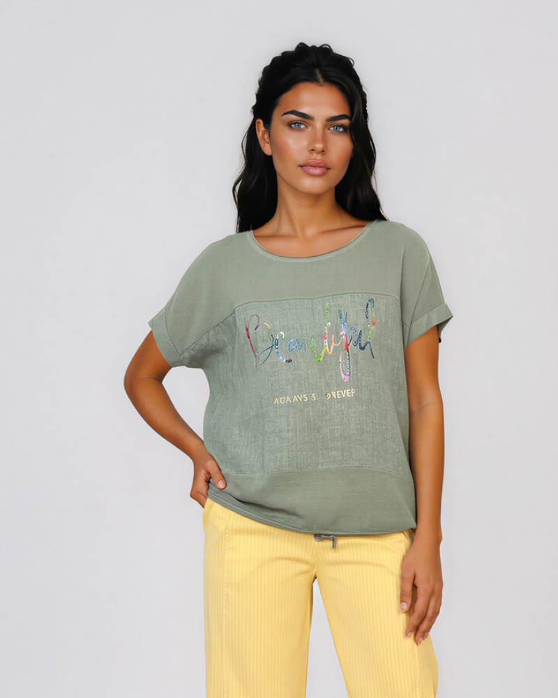 Tricou din in și bumbac cu print Beautiful kaki HL077