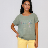 Tricou din in și bumbac cu print Beautiful kaki HL077