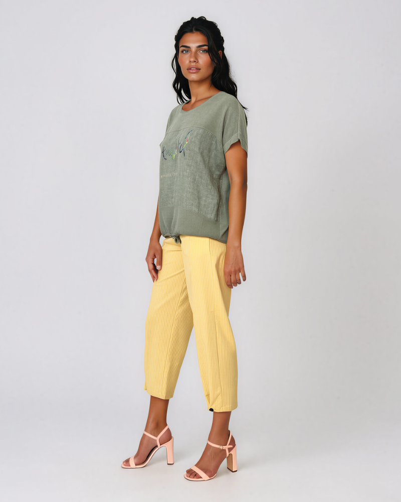 Tricou din in și bumbac cu print Beautiful kaki HL077