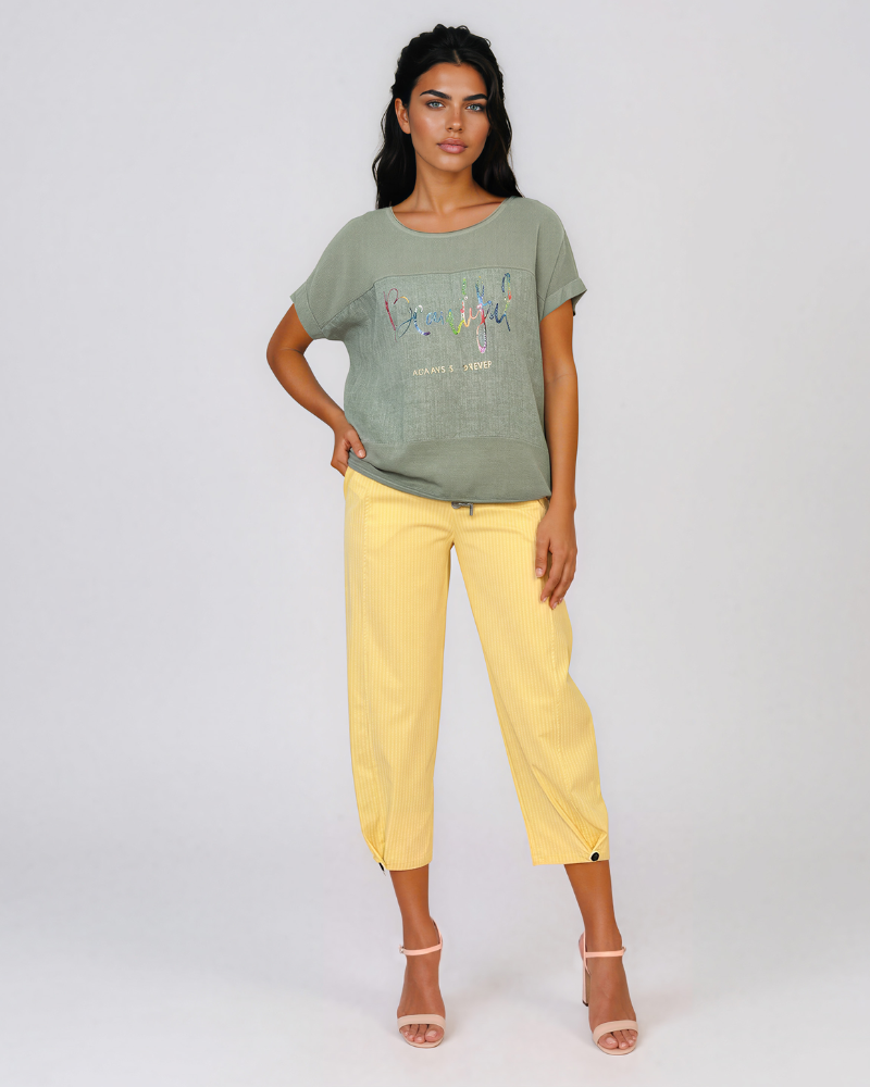 Tricou din in și bumbac cu print Beautiful kaki HL077