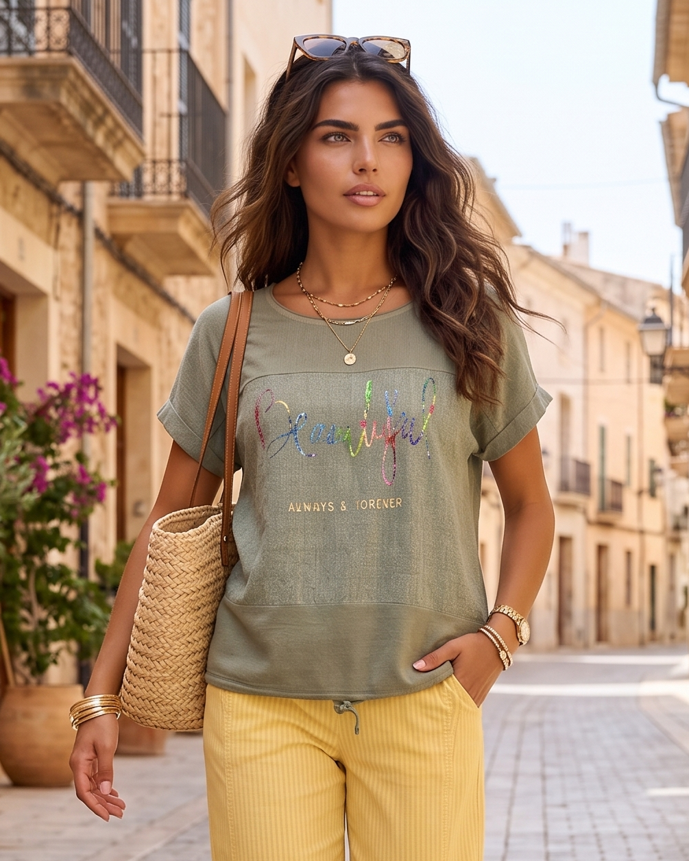 Tricou din in și bumbac cu print Beautiful kaki HL077