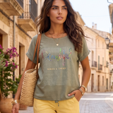 Tricou din in și bumbac cu print Beautiful kaki HL077