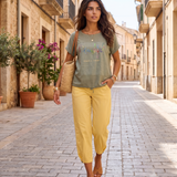 Tricou din in și bumbac cu print Beautiful kaki HL077