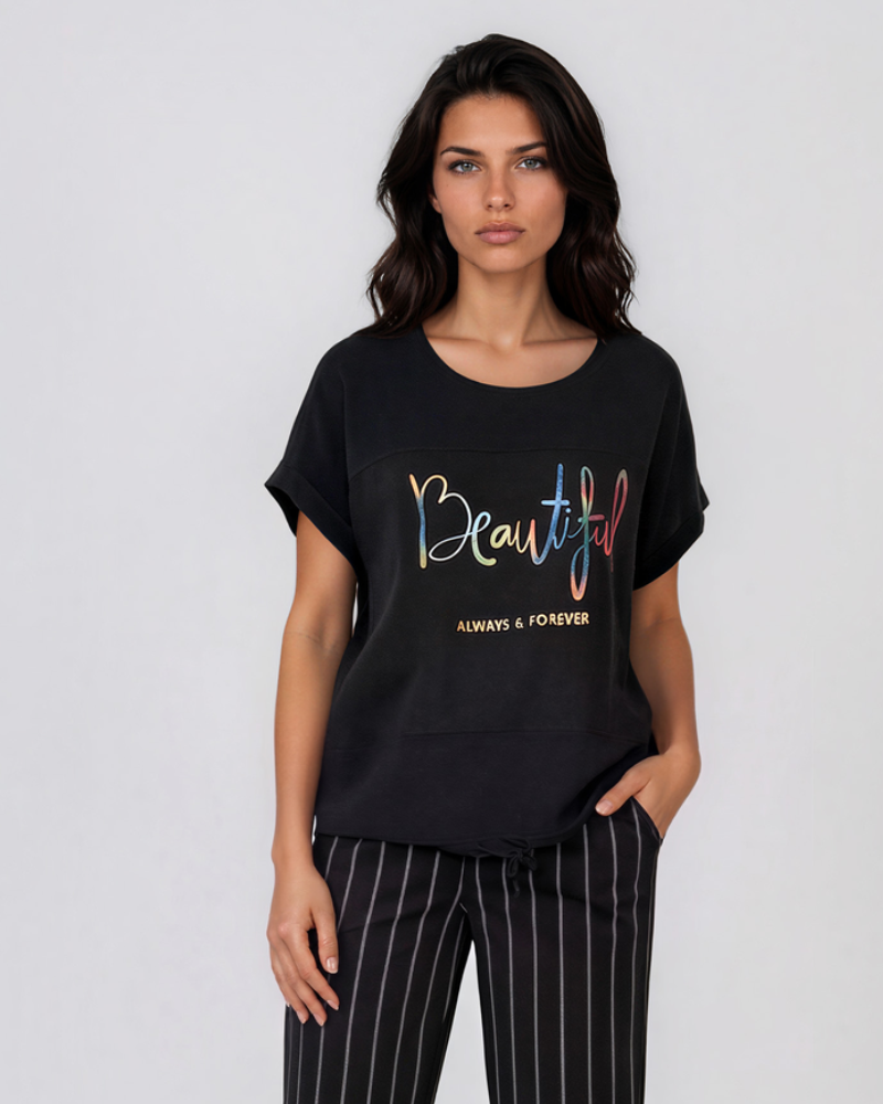 Tricou din in și bumbac cu print Beautiful negru HL077