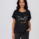 Tricou din in și bumbac cu print Beautiful negru HL077