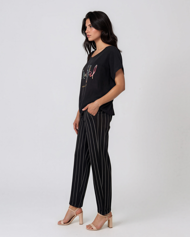 Tricou din in și bumbac cu print Beautiful negru HL077
