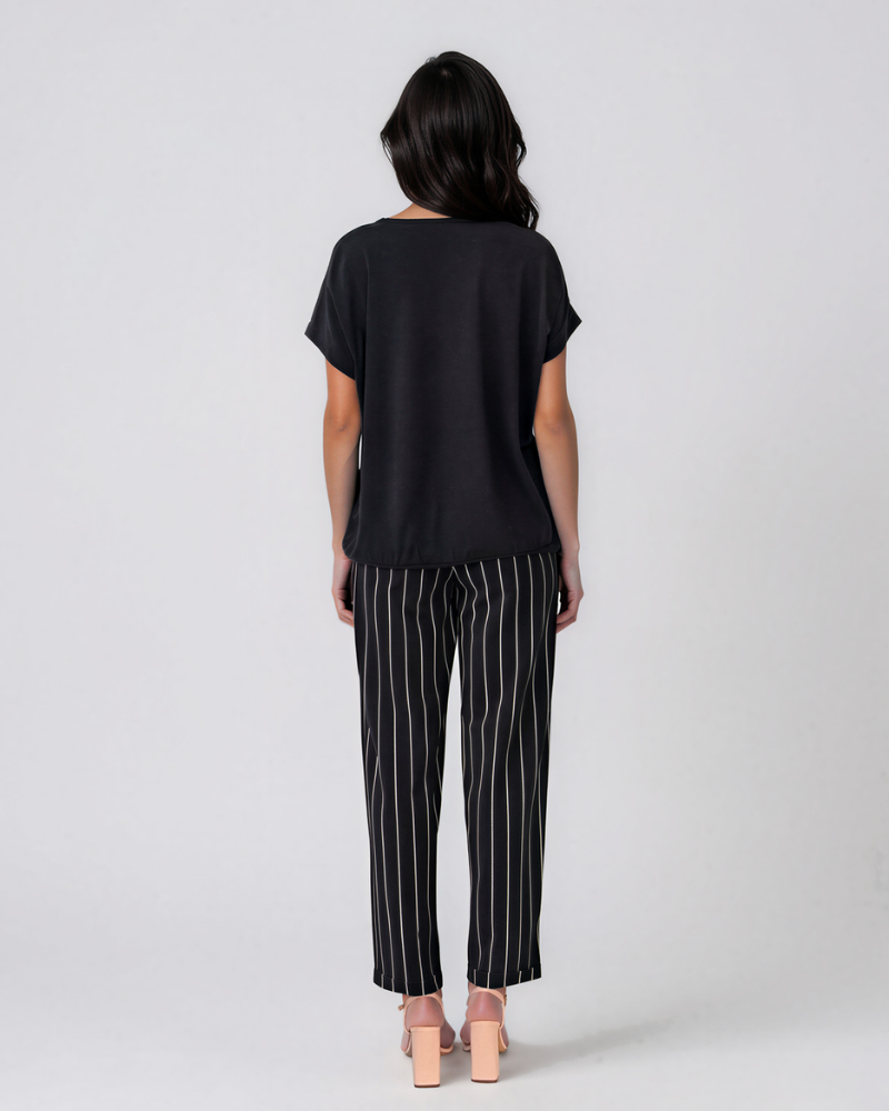 Tricou din in și bumbac cu print Beautiful negru HL077