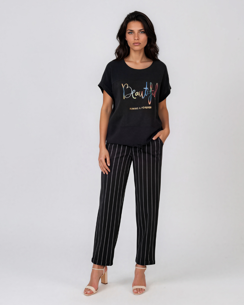 Tricou din in și bumbac cu print Beautiful negru HL077