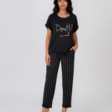 Tricou din in și bumbac cu print Beautiful negru HL077