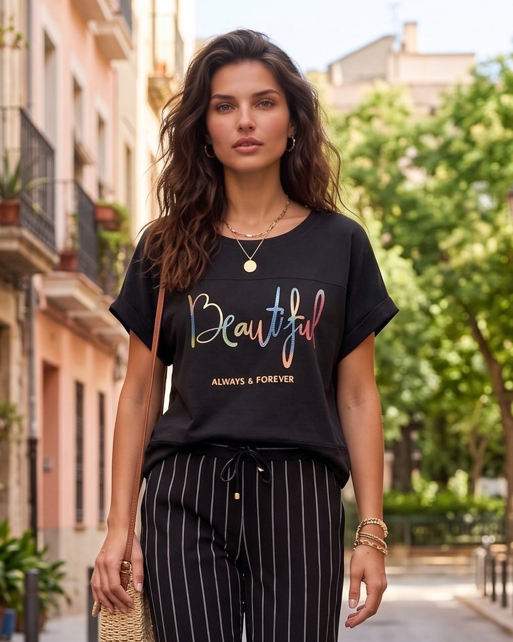Tricou din in și bumbac cu print Beautiful negru HL077