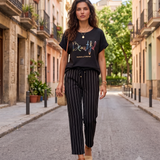 Tricou din in și bumbac cu print Beautiful negru HL077