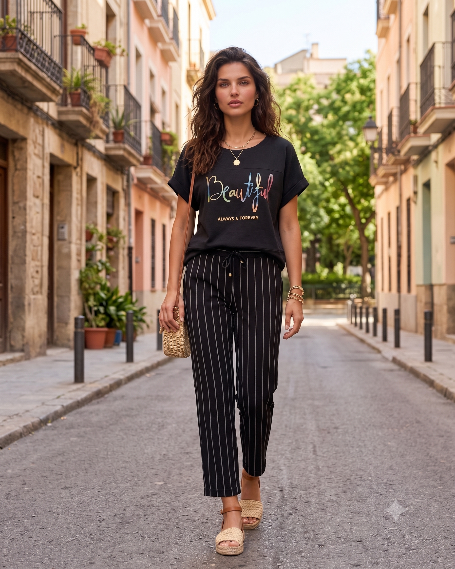 Tricou din in și bumbac cu print Beautiful negru HL077