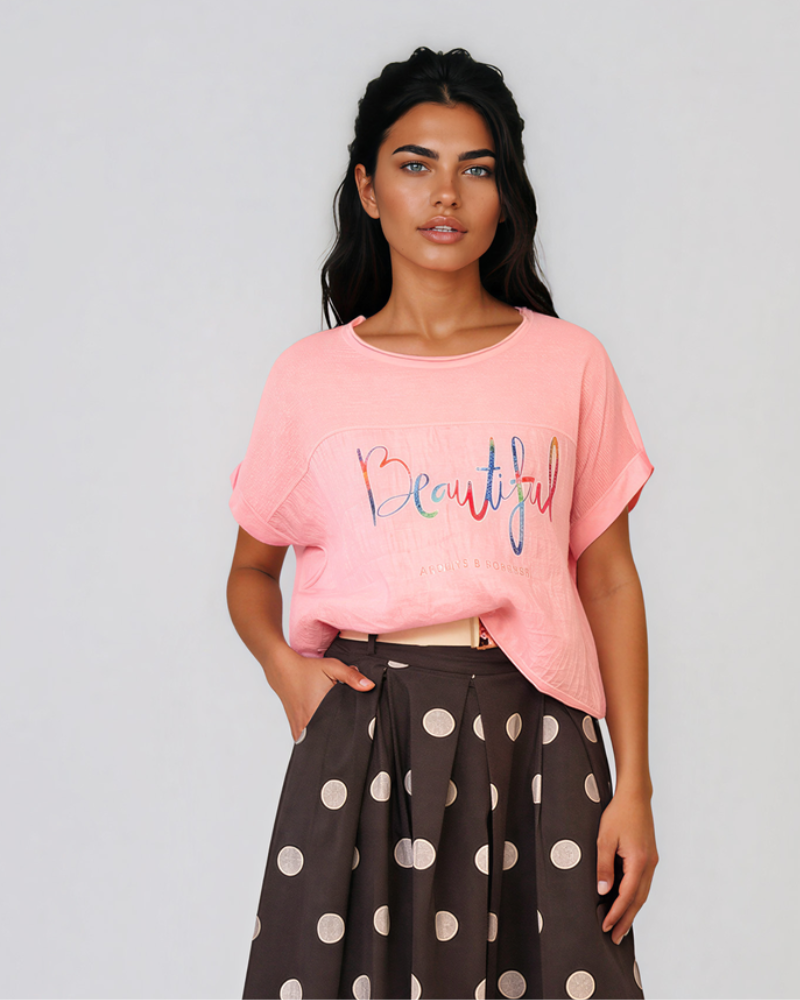 Tricou din in și bumbac cu print Beautiful roz HL077