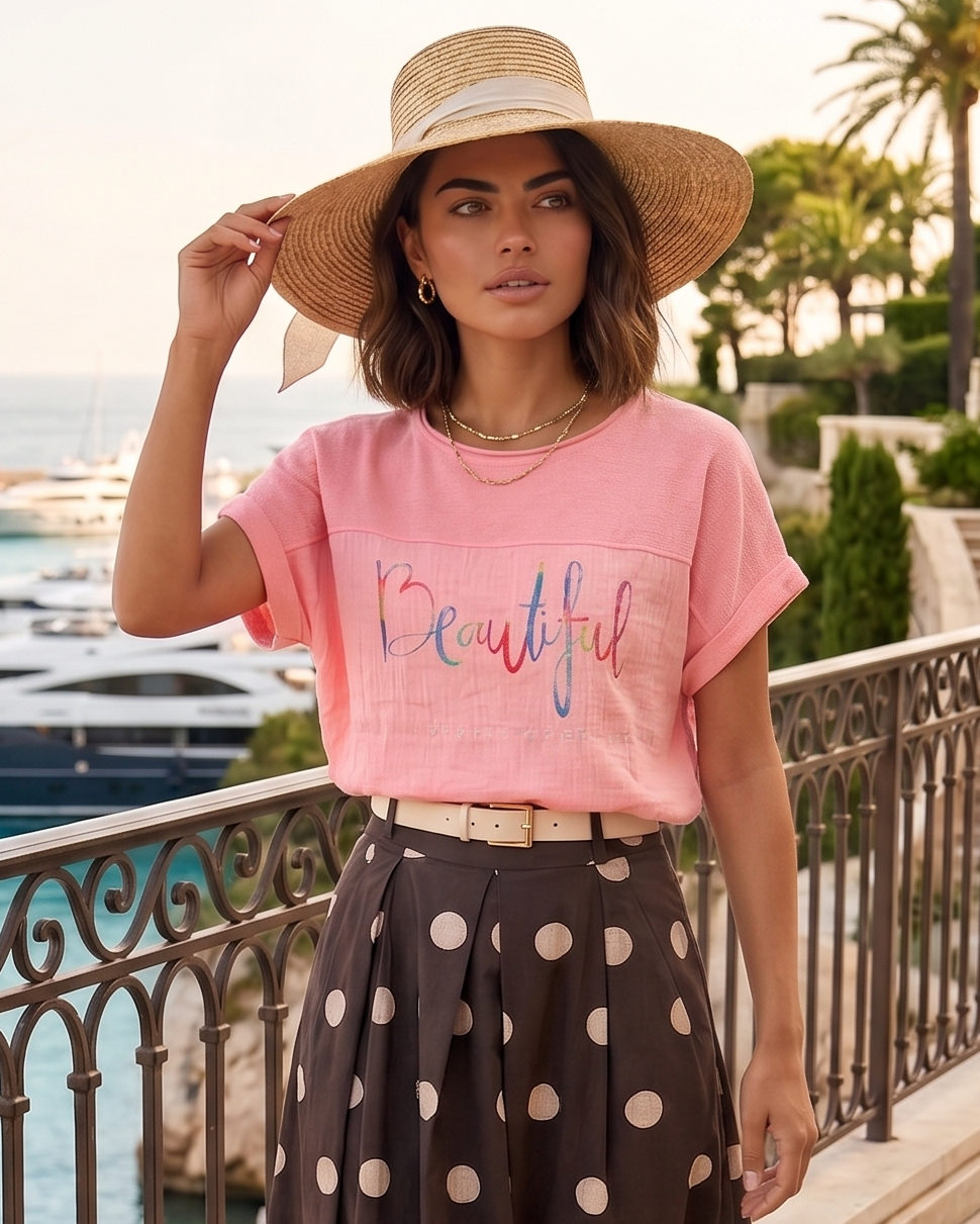 Tricou din in și bumbac cu print Beautiful roz HL077