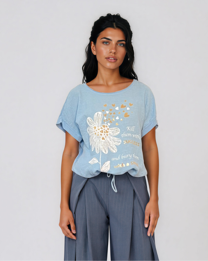 Tricou din in și bumbac cu șiret bleu HL078