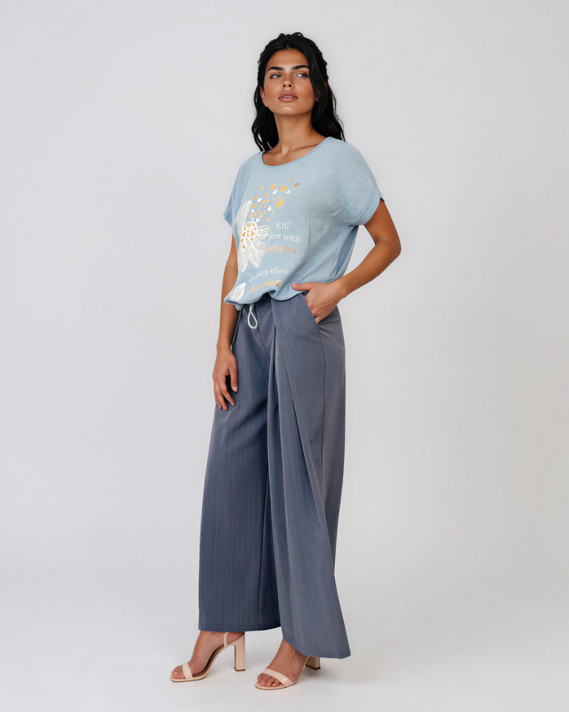 Tricou din in și bumbac cu șiret bleu HL078