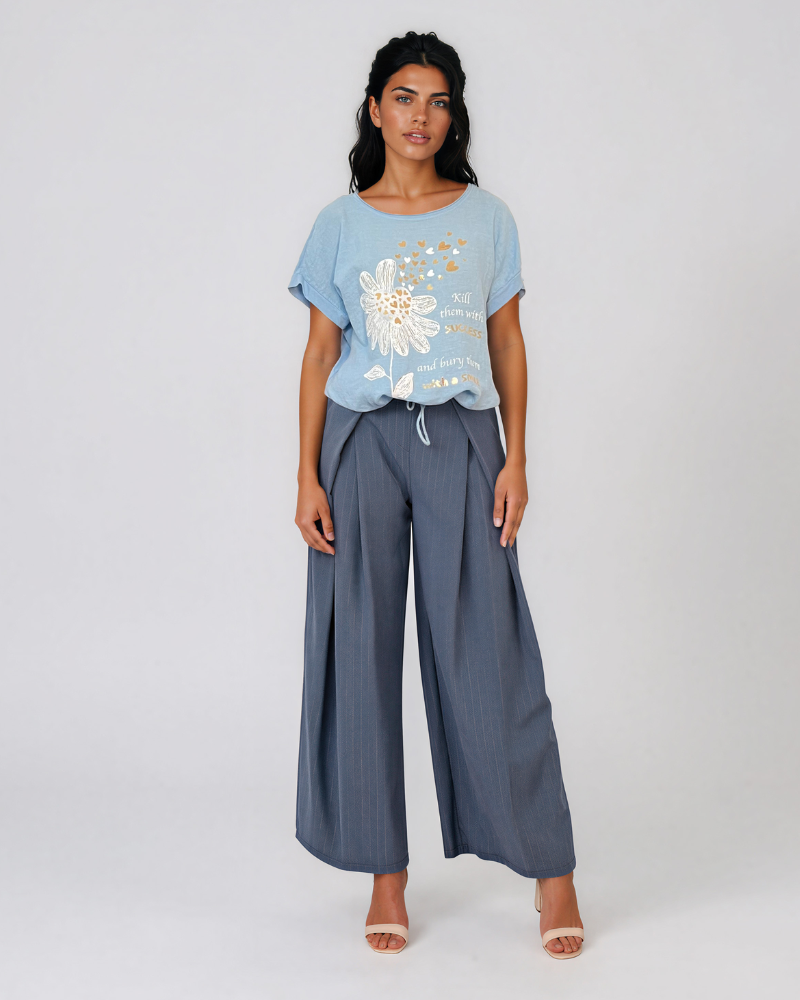 Tricou din in și bumbac cu șiret bleu HL078