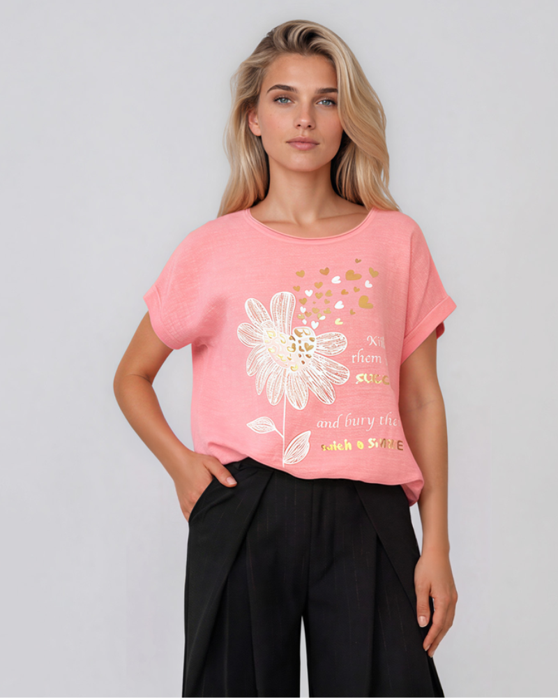 Tricou din in și bumbac cu șiret roz HL078