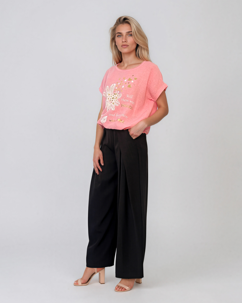 Tricou din in și bumbac cu șiret roz HL078