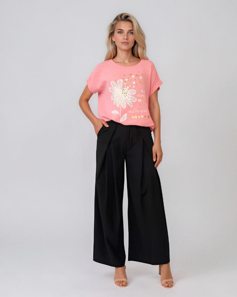 Tricou din in și bumbac cu șiret roz HL078