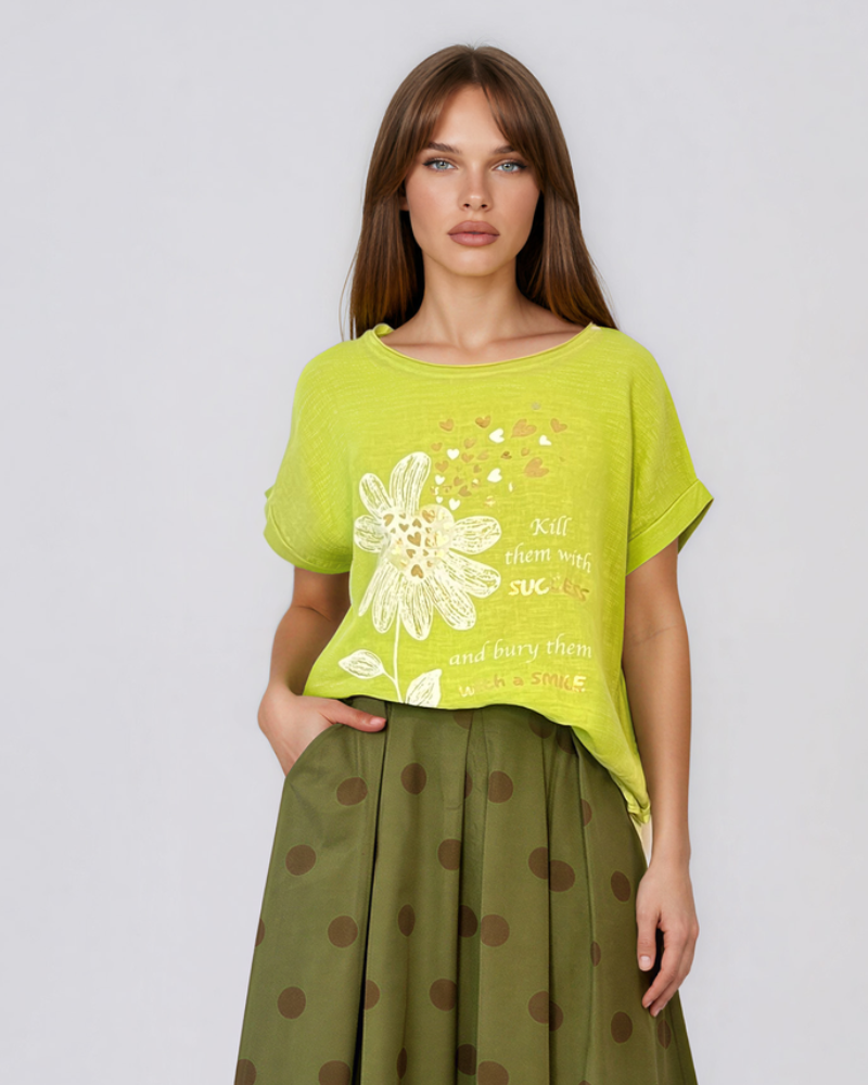 Tricou din in și bumbac cu șiret vernil HL078