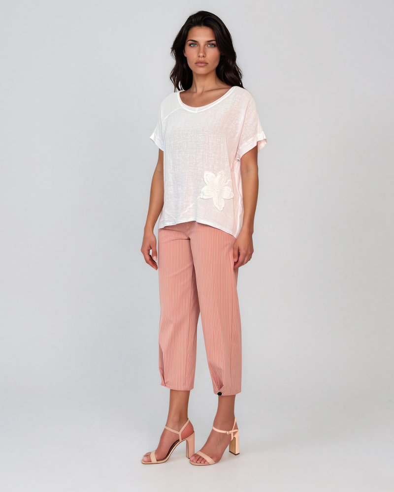 Tricou in și bumbac cu floare croșetată alb HL079