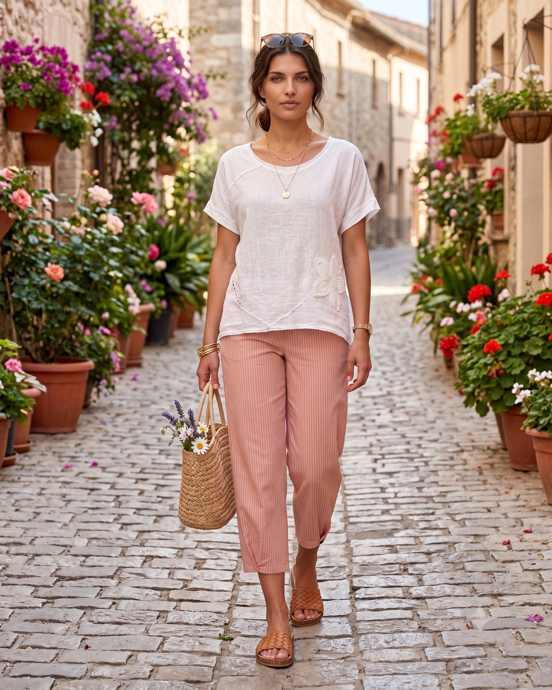 Tricou in și bumbac cu floare croșetată alb HL079