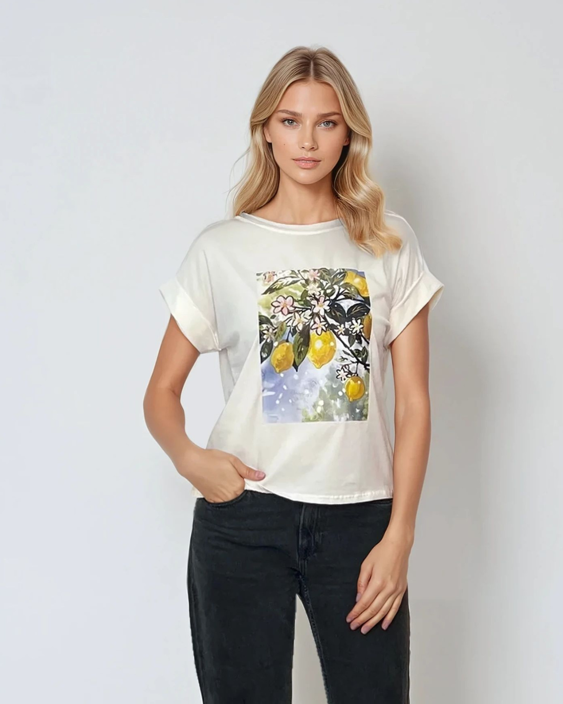 Tricou larg din bumbac cu print creangă cu lămâi alb 