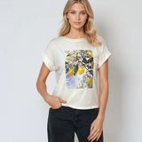 Tricou larg din bumbac cu print creangă cu lămâi alb 