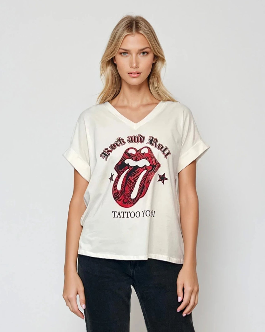 Tricou larg din bumbac cu print logo Rolling Stones alb 