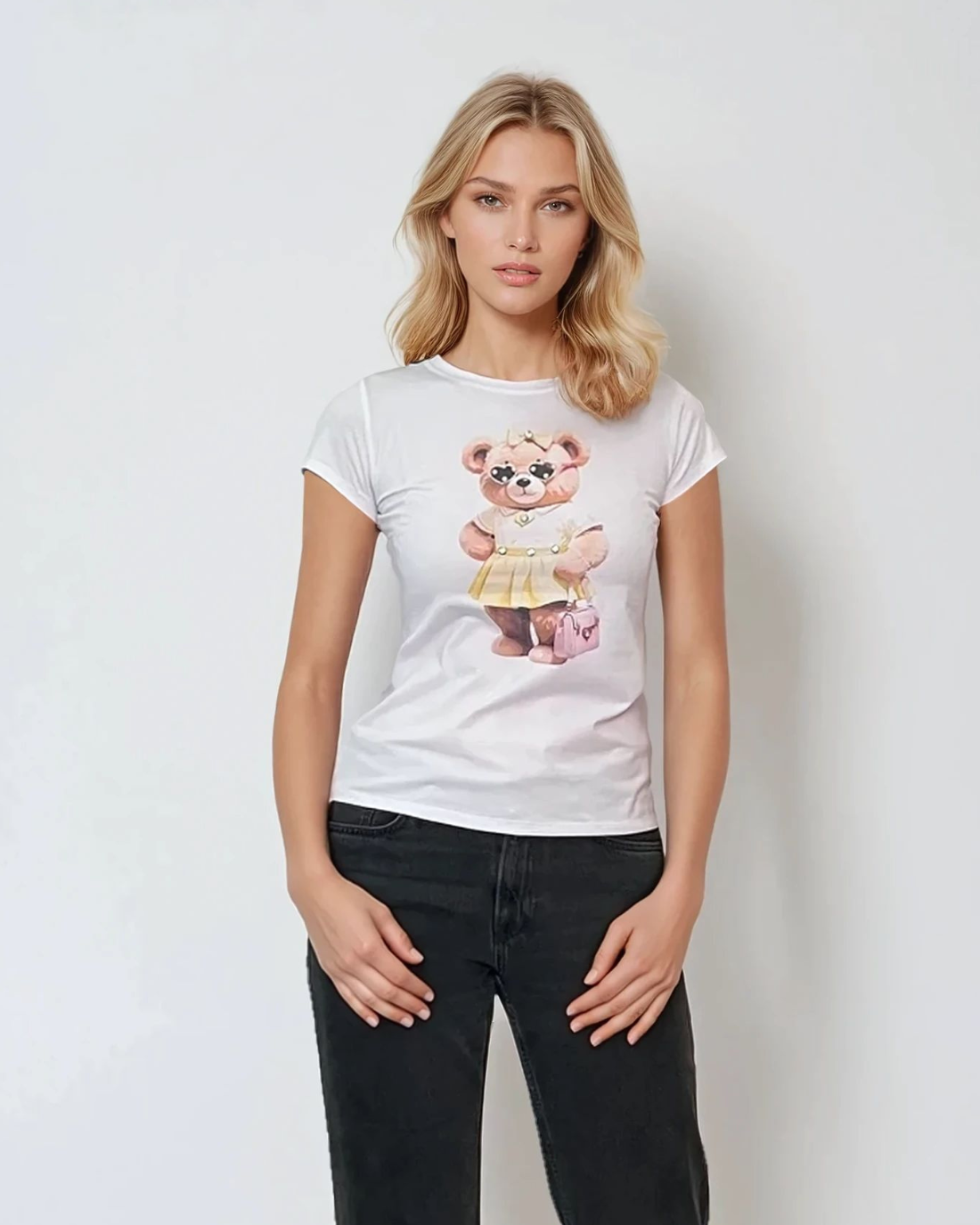 Tricou mulat din bumbac cu print ursuleț roz alb 