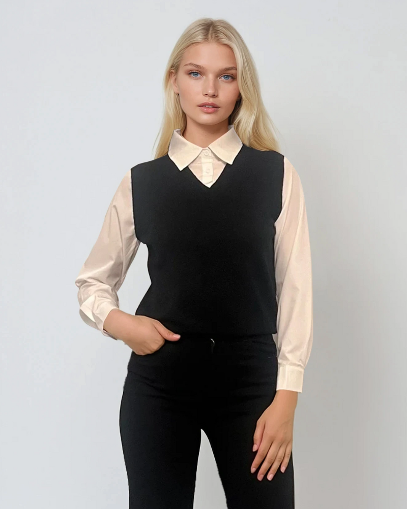 Vestă cu mâneci si guler cămasă negru 