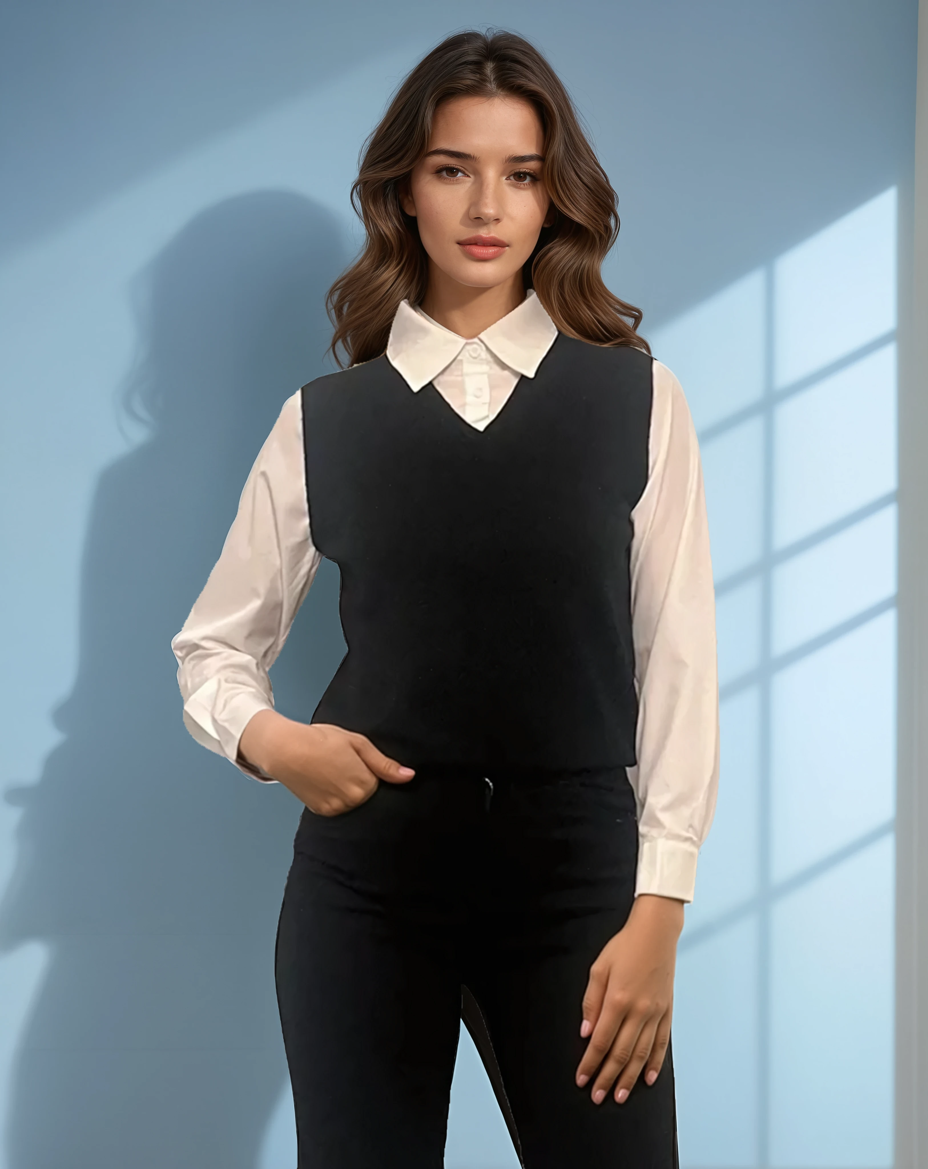 Vestă cu mâneci si guler cămasă negru 