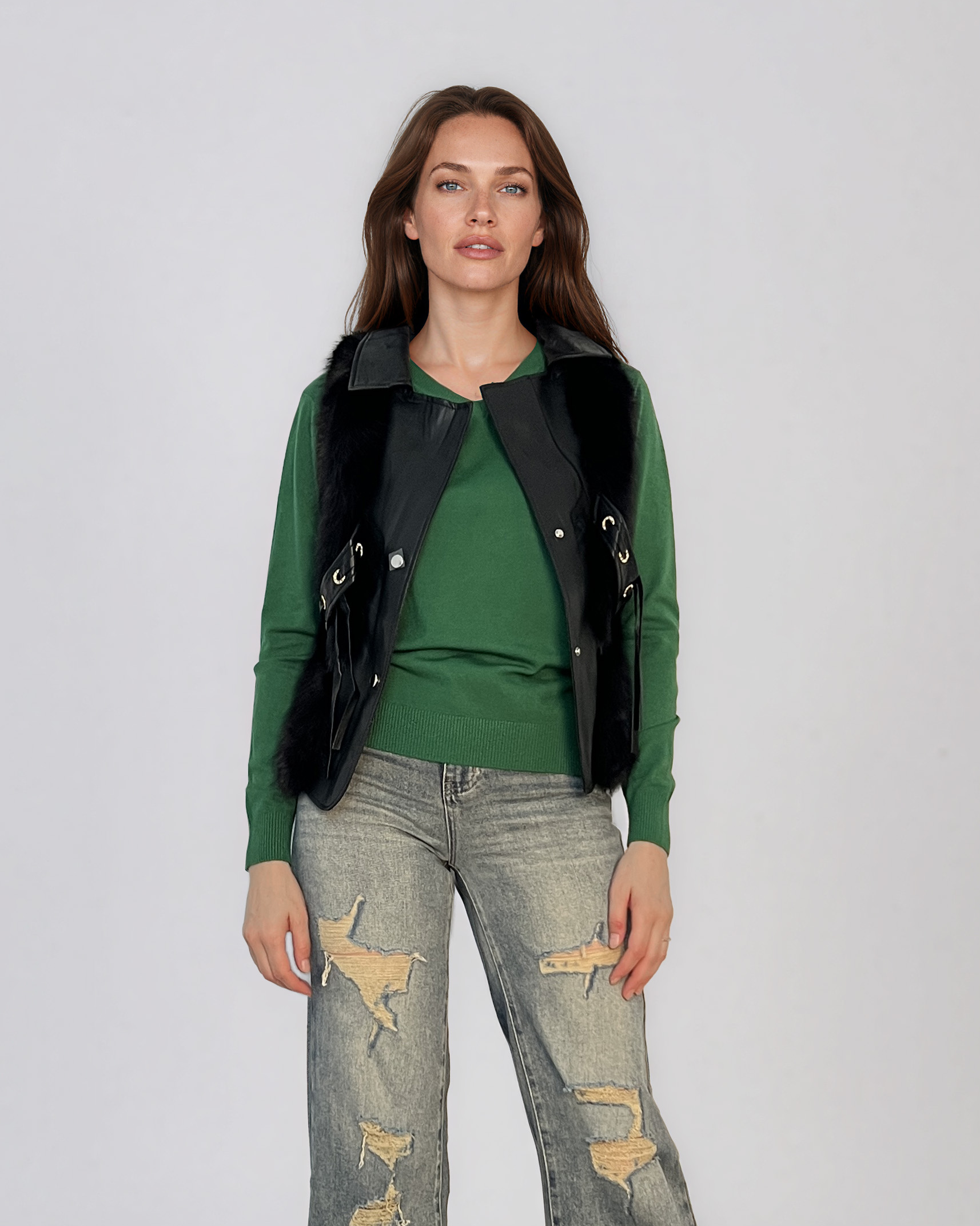 Vestă din piele ecologică cu blană artificială negru FG389