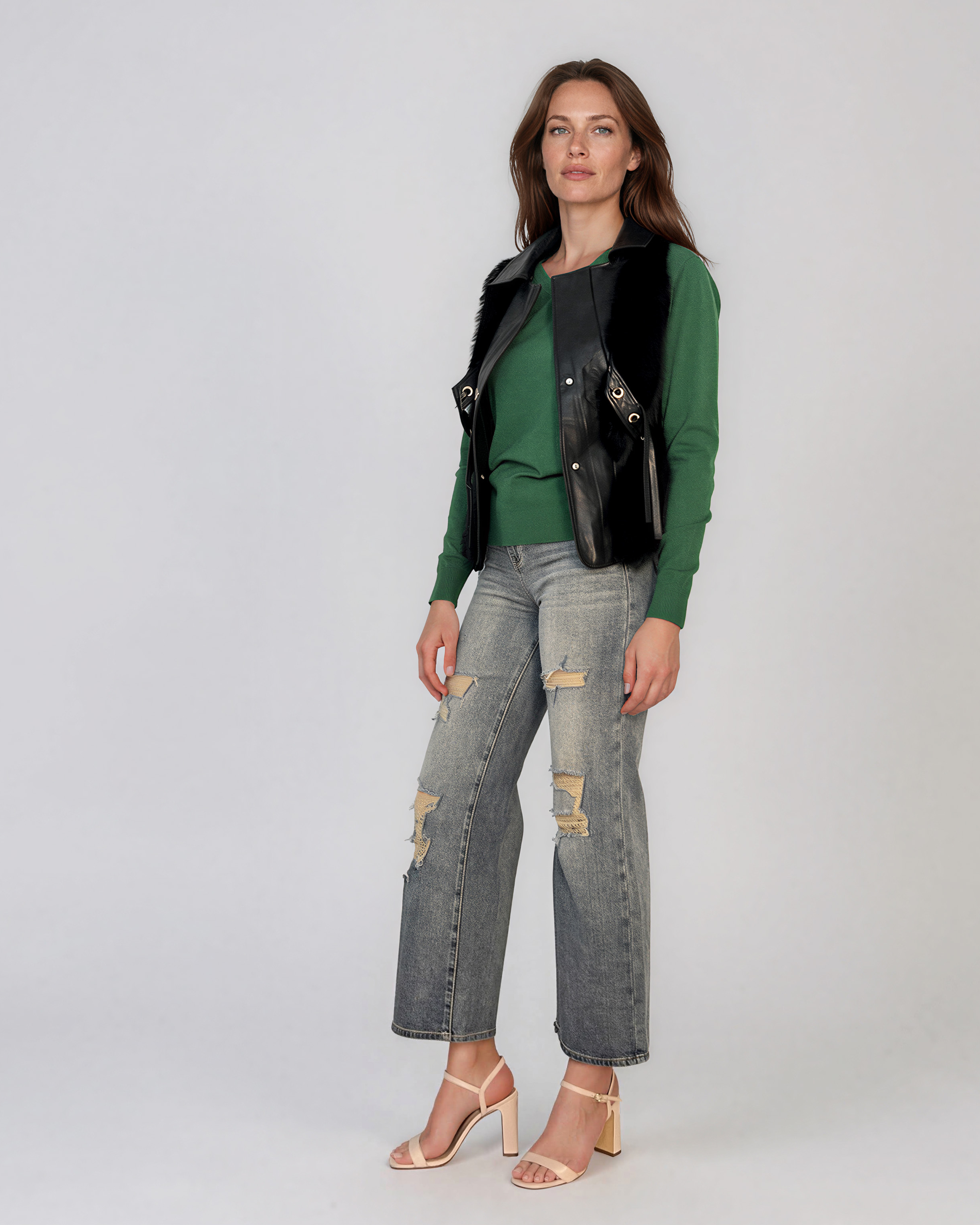 Vestă din piele ecologică cu blană artificială negru FG389