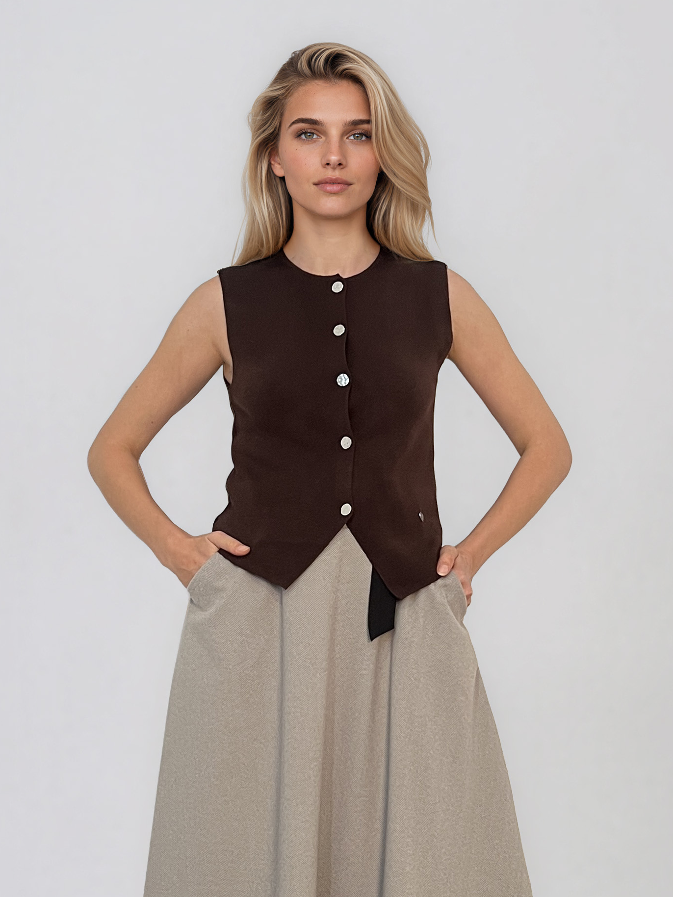 Vestă din tricot cu nasturi şi tiv în colţ maro HL241