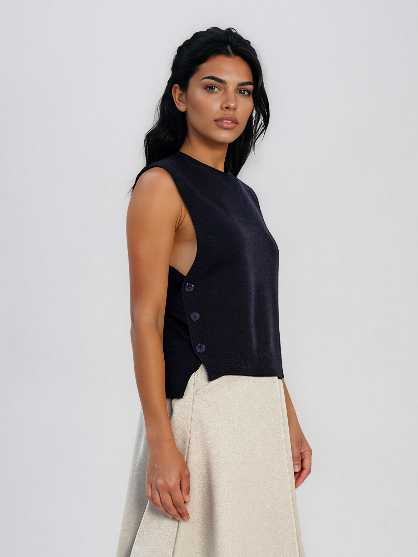 Vestă din tricot reiat cu nasturi laterali bleumarin HL239